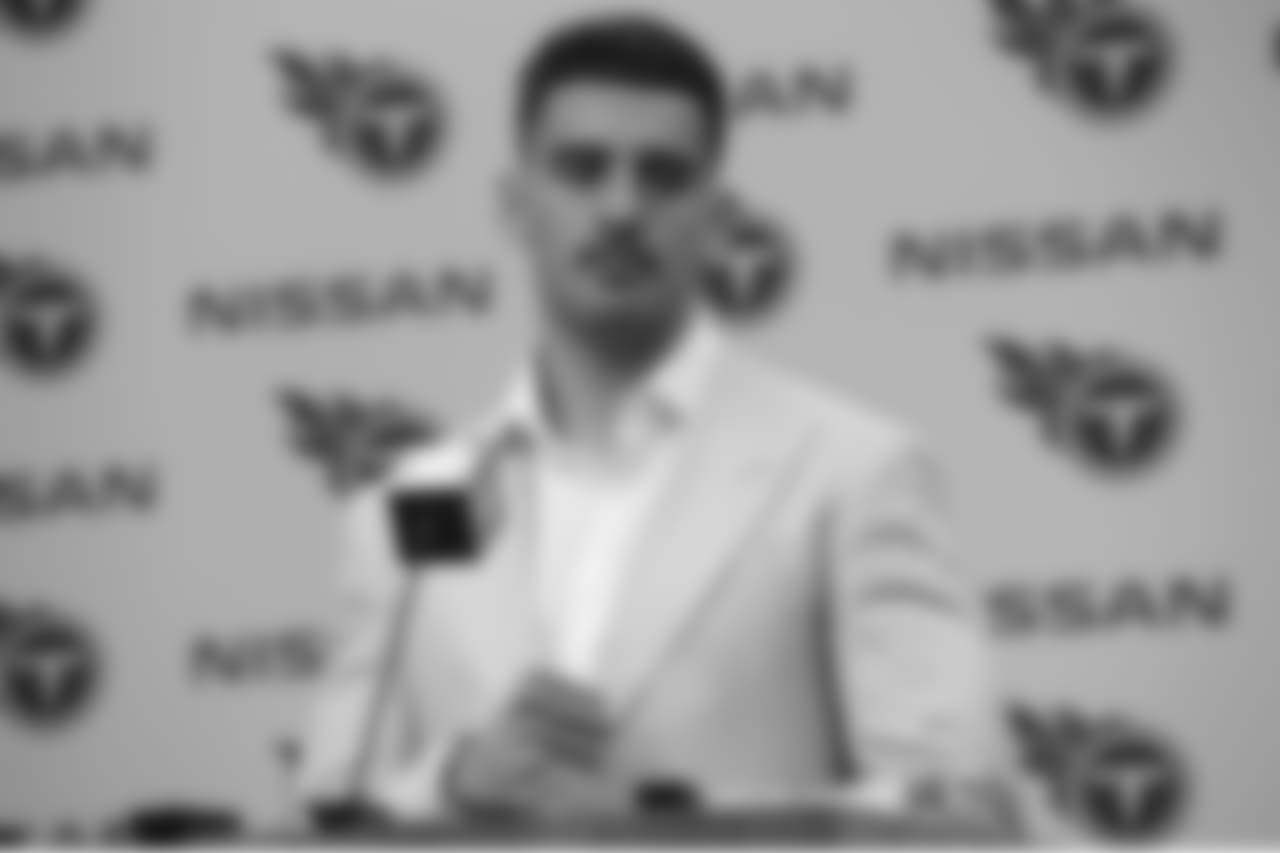 Tennessee Titans quarterback Marcus Mariota answers questions after an NFL football game against the New England Patriots Sunday, Nov. 11, 2018, in Nashville, Tenn. The Titans won 34-10. (AP Photo/Mark Zaleski)