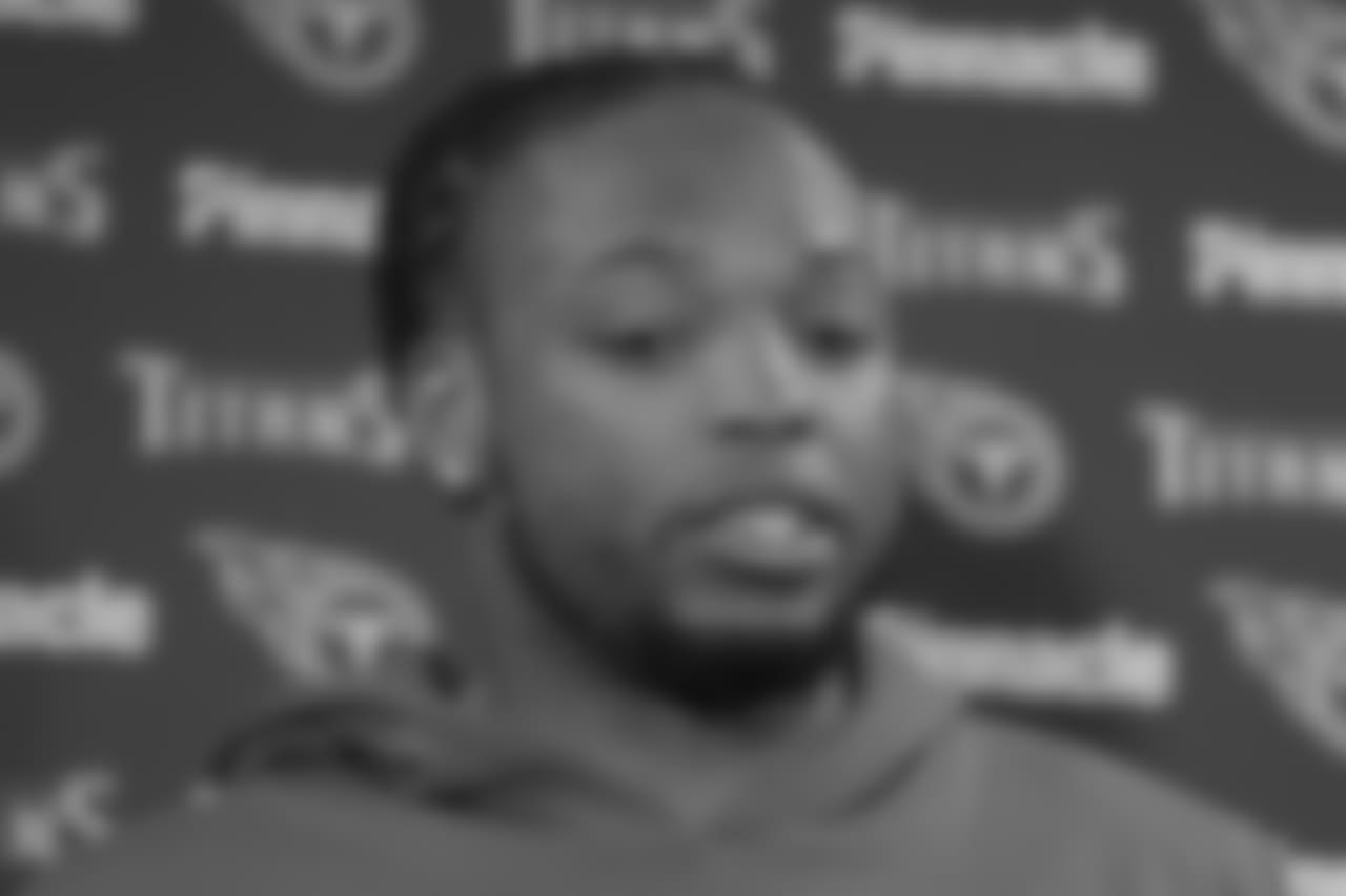 Tennessee Titans running back Derrick Henry speaks to reporters after an NFL football game against the New York Giants, Sunday, Dec. 16, 2018, in East Rutherford, N.J. The Titans won 17-0. (AP Photo/Seth Wenig)