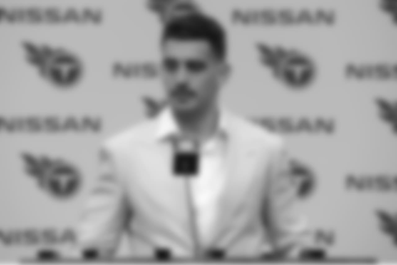 Tennessee Titans quarterback Marcus Mariota answers questions after an NFL football game against the New England Patriots Sunday, Nov. 11, 2018, in Nashville, Tenn. The Titans won 34-10. (AP Photo/Mark Zaleski)