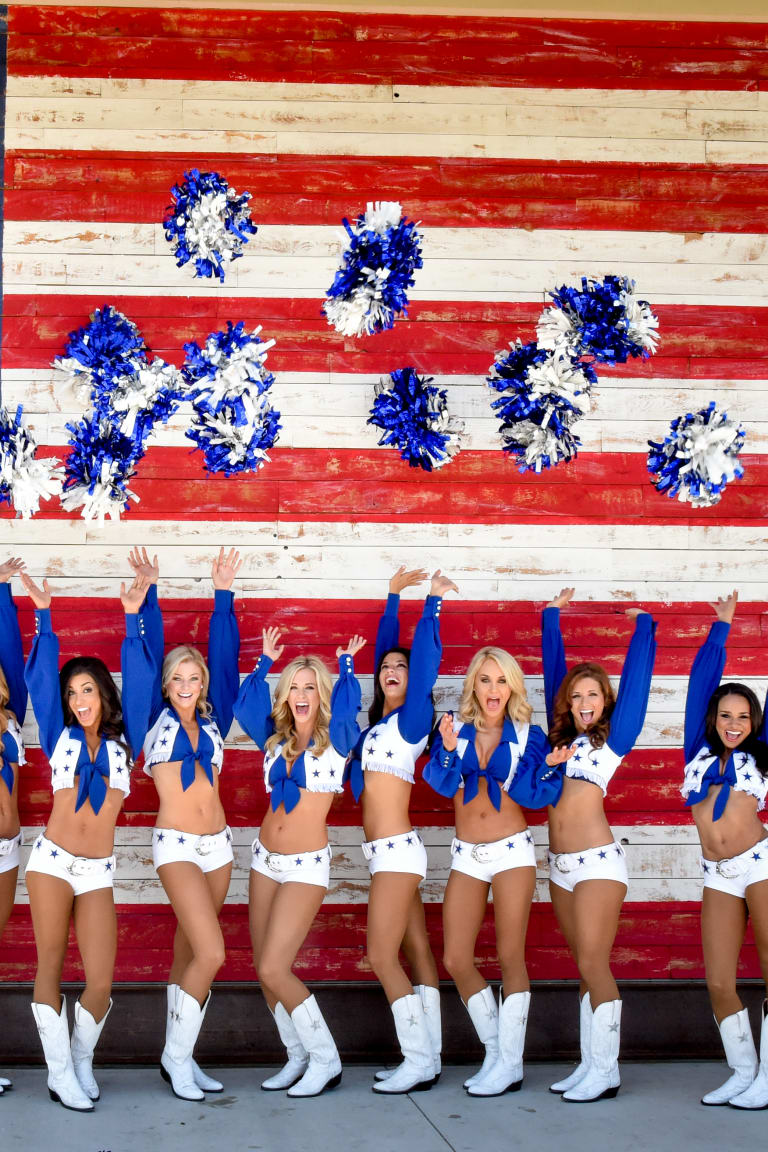 This Dallas Cowboys Cheerleader, Angela (the team does not publicize the  last names of its cheerleading squad members), and about 35 others,  entertain the crowd at a National Football League game at