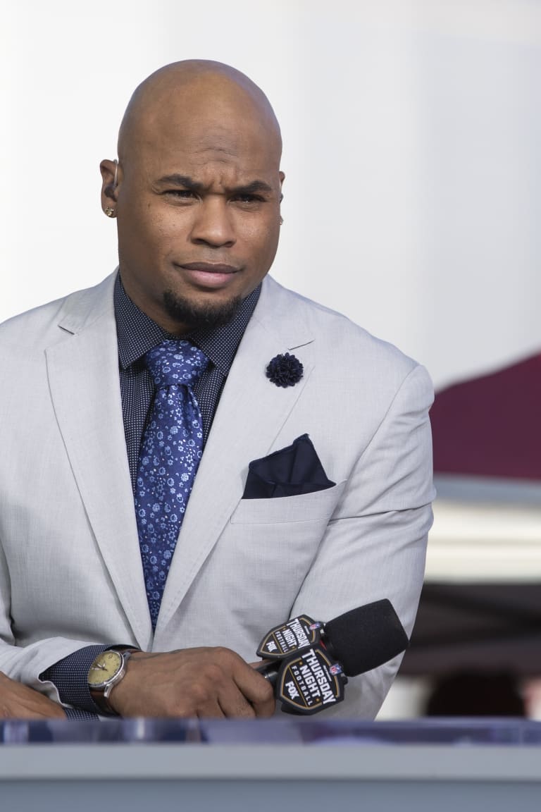 NFL Network analyst Steve Smith Sr. speaks on air during the NFL Network's  NFL GameDay Kickoff broadcast before the start of an NFL football game  between the Baltimore Ravens and the Miami