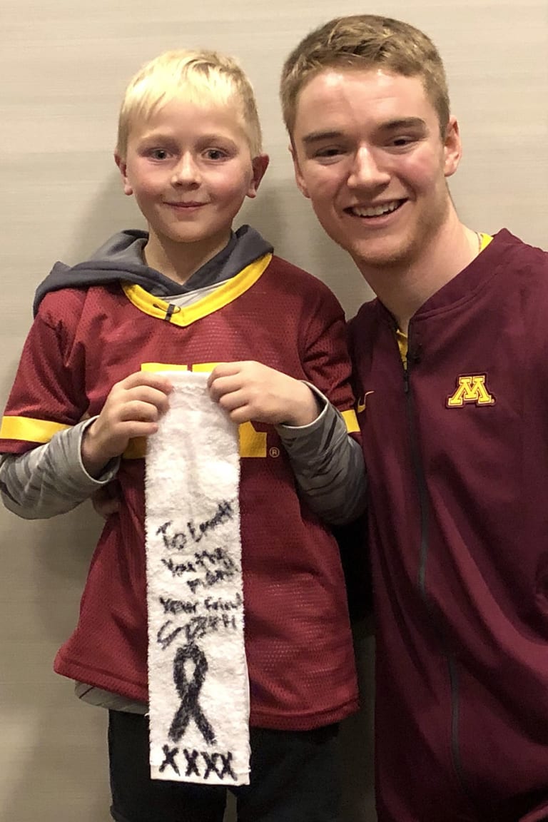 During his battle with leukemia, Charlie Huizinga's Make-A-Wish America was  to suit up and play catch with Adam Thielen and Justin Jefferson. Coach, By Minnesota Vikings