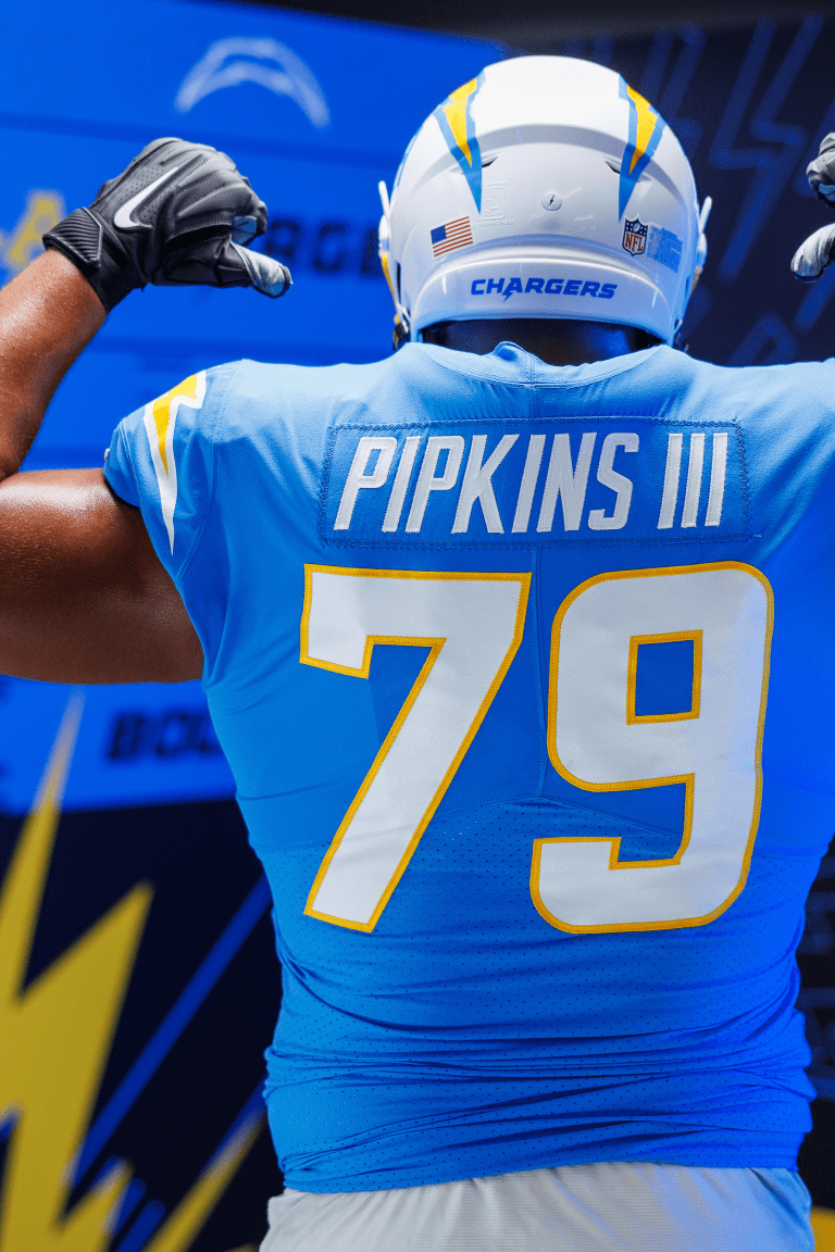 Los Angeles Chargers offensive tackle Trey Pipkins III (79) during the  first half of an NFL football game against the Arizona Cardinals, Sunday,  Nov. 27, 2022, in Glendale, Ariz. (AP Photo/Rick Scuteri