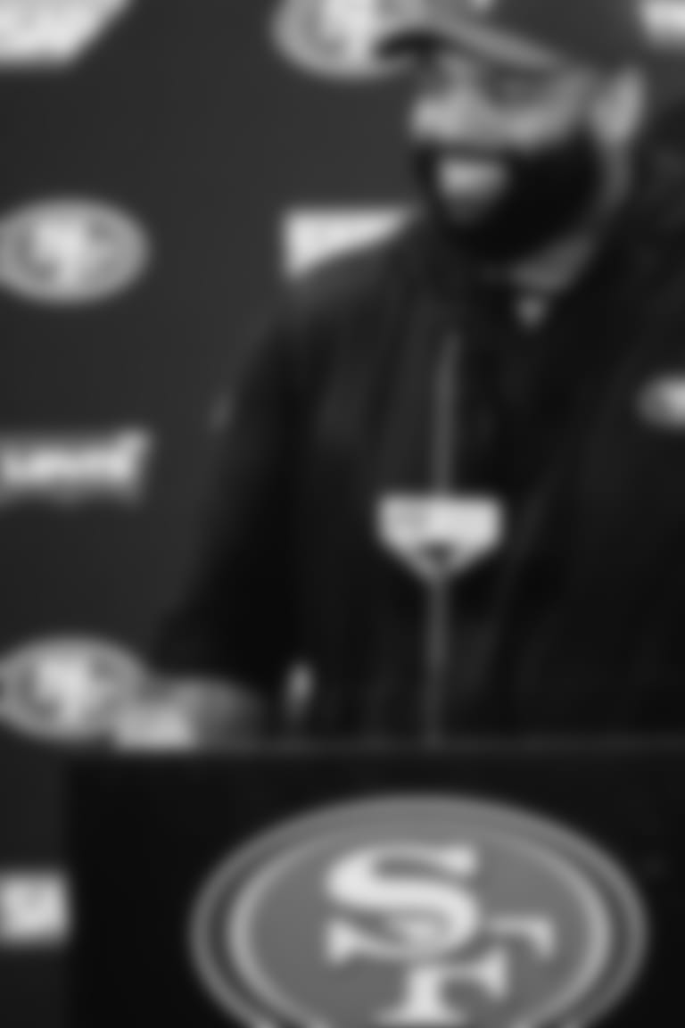 San Francisco 49ers' Trent Williams speaks to the media after practice at the NFL football team's practice facility in Santa Clara, Calif., Monday, Aug. 1, 2022. (AP Photo/Josie Lepe)