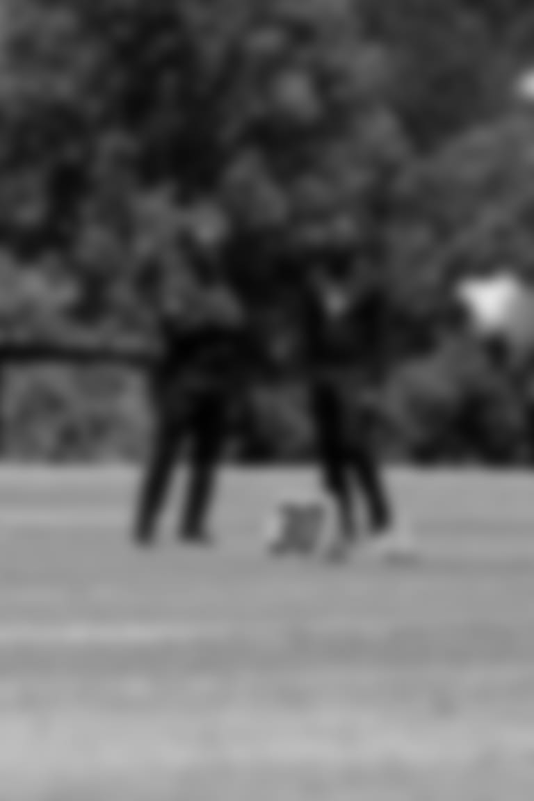 Peniel Jean and Dwaune Jones talk during the final practice of Atlanta Falcons rookie minicamp on May 16, 2021.