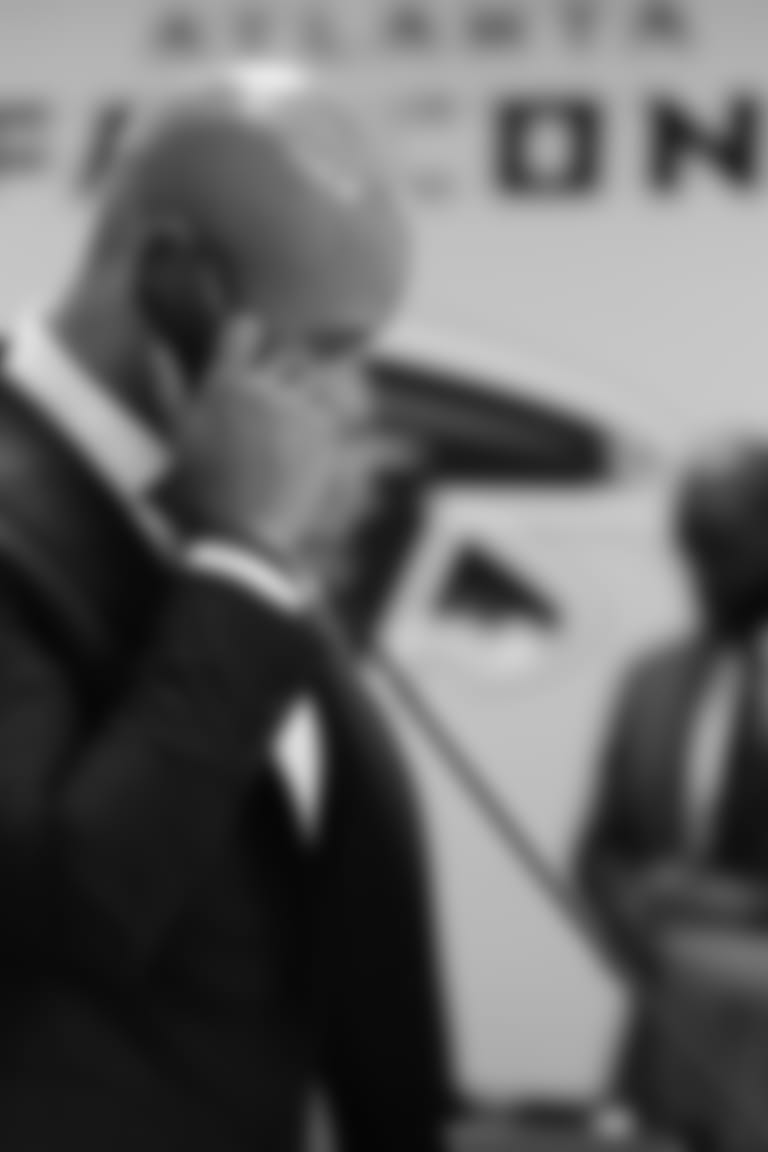 Terry Fontenot makes a call inside the draft room during the 2022 NFL Draft Day 1 at Atlanta Falcons Headquarters in Flowery Branch, Georgia, on Thursday April 28, 2022. (Photo by Shanna Lockwood/Atlanta Falcons)