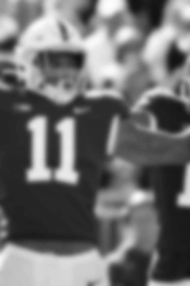 Penn State linebacker Micah Parsons (11) and defensive end Shaka Toney (18) celebrate a sack of Purdue quarterback Jack Plummer (13) in the second half of an NCAA college football game against Purdue in State College, Pa., on Saturday, Oct. 5, 2019. Penn State defeated Purdue 35-7. (AP Photo/Barry Reeger)