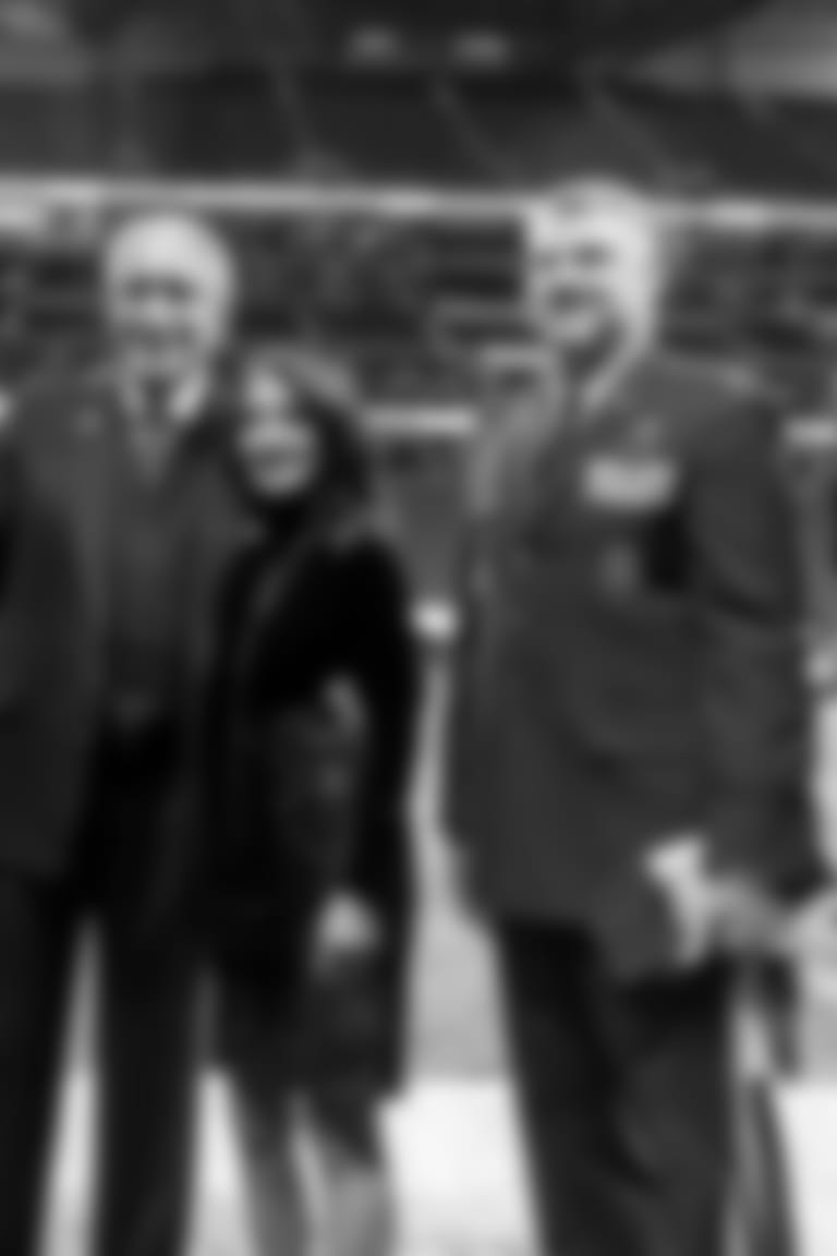 Arthur and Angie Blank greet members of the military during pregame at Mercedes-Benz Stadium in Atlanta, GA, on Sunday November 24, 2019. (Photo by Jacob Gonzalez/Atlanta Falcons)