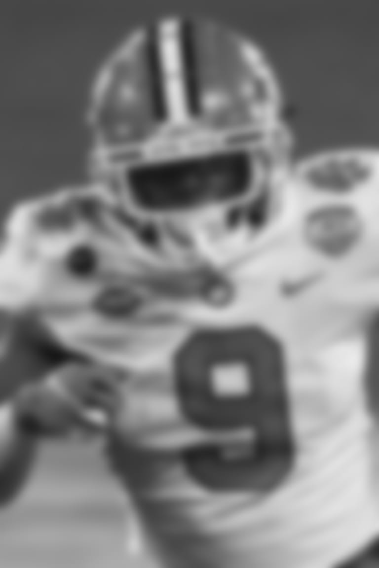 Clemson running back Travis Etienne (9) runs for a touchdown during the first half of the Atlantic Coast Conference championship NCAA college football game against Notre Dame, Saturday, Dec. 19, 2020, in Charlotte, N.C. Etienne was selected to The Associated Press All-America first-team offense, Monday, Dec. 28, 2020.(AP Photo/Brian Blanco)