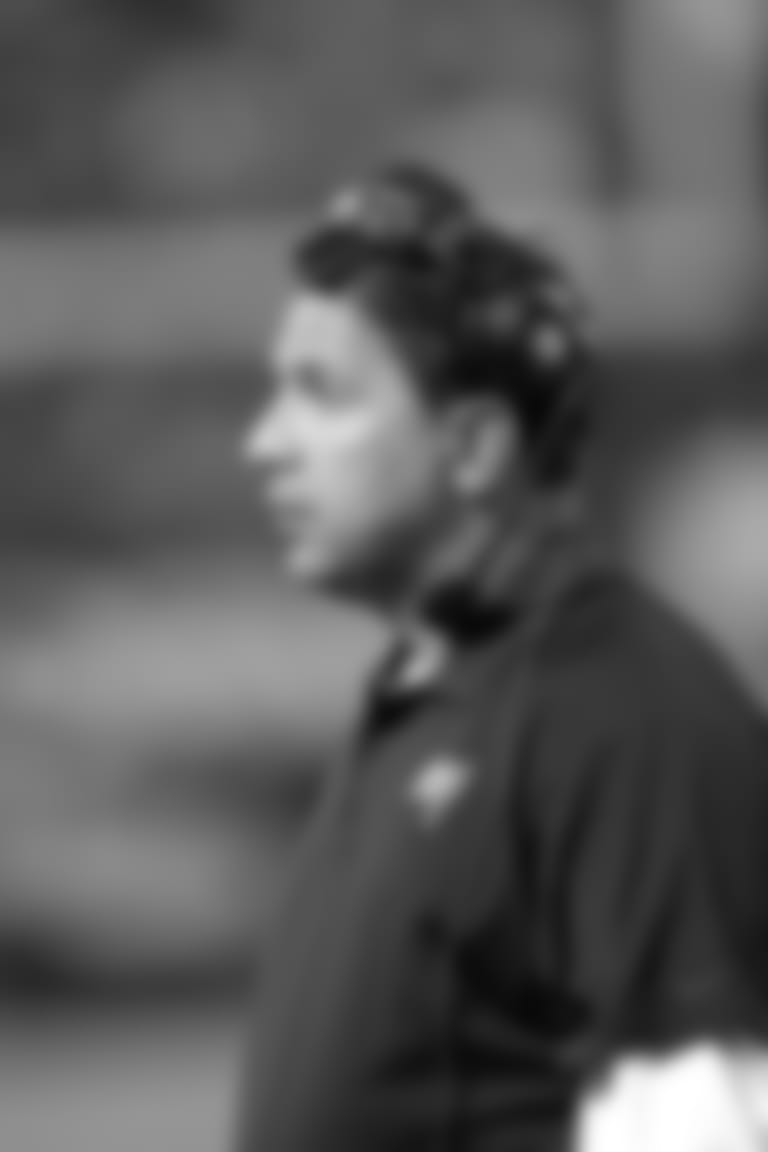 Tampa Bay Buccaneers tight ends coach Brian Angelichio looks on from the sidelines during a week 8 NFL football game against the Minnesota Vikings in Minneapolis, Minnesota on October 25, 2012. The Buccaneers defeated the Vikings 36-17. (AP Photo/Scott Boehm)