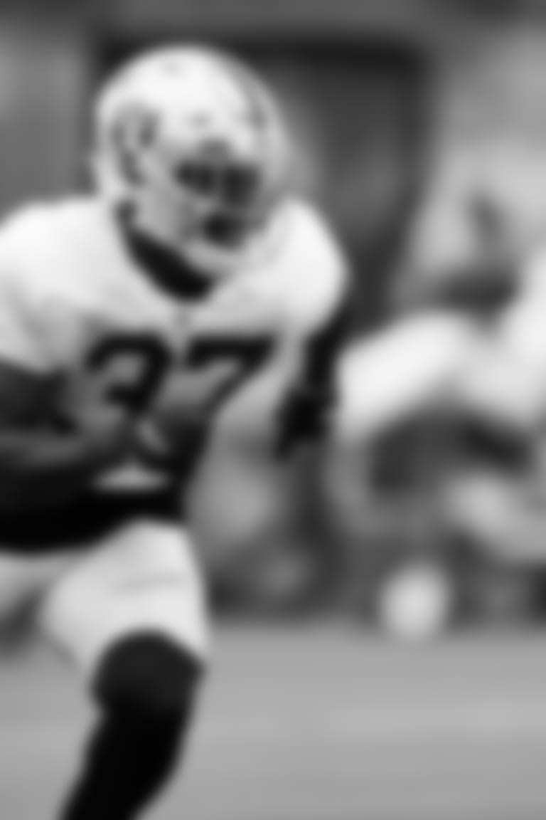 Las Vegas Raiders safety Tyree Gillespie (37) on the field for a joint practice with the Los Angeles Rams at 2021 Training Camp at California Lutheran University, Wednesday, August 18, 2021, in Thousand Oaks, Calif..