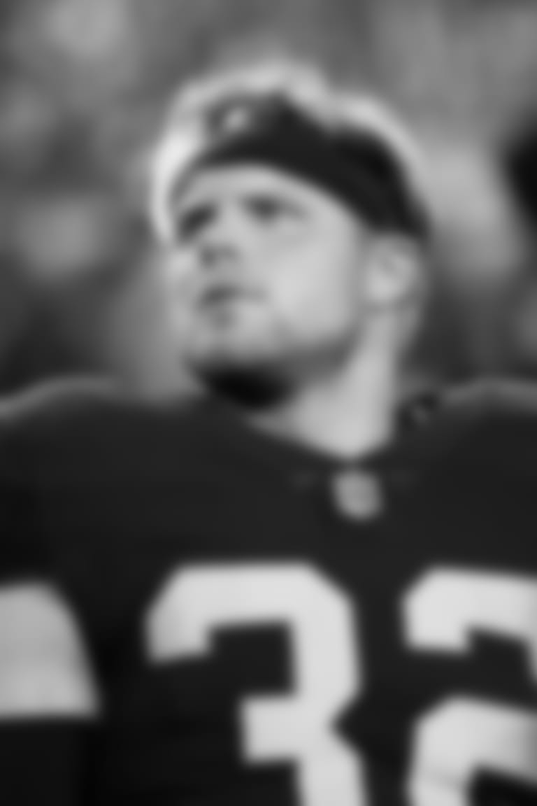 Las Vegas Raiders safety Dallin Leavitt (32) warming up before the regular season home game against the Los Angeles Chargers at Allegiant Stadium, Sunday, January 9, 2022, in Las Vegas, Nev. The Las Vegas Raiders won 35-32.