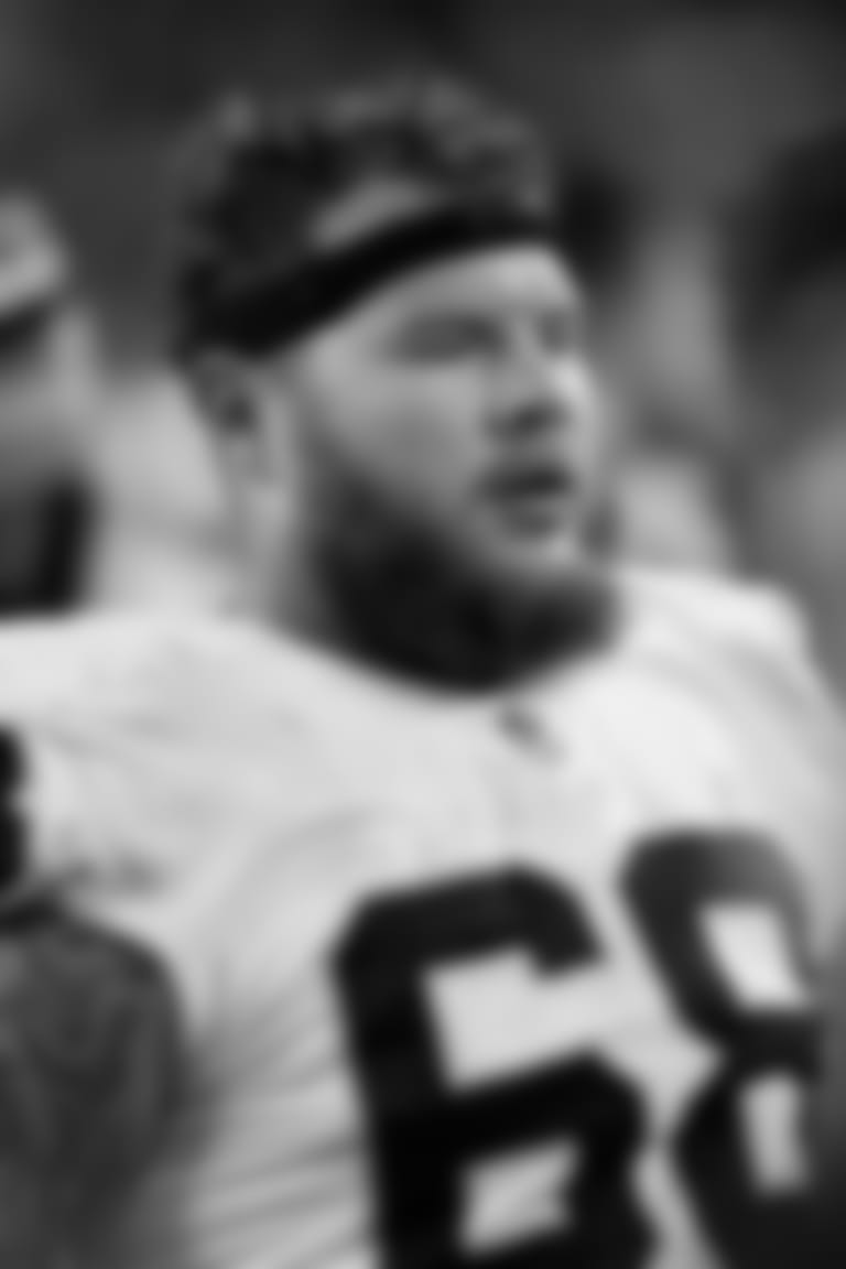 Las Vegas Raiders center Andre James (68) on the sidelines during the Las Vegas Raiders regular season away game against the Cleveland Browns at FirstEnergy Stadium, Monday, December 20, 2021, in Cleveland, Ohio. The Las Vegas Raiders won 16-14.