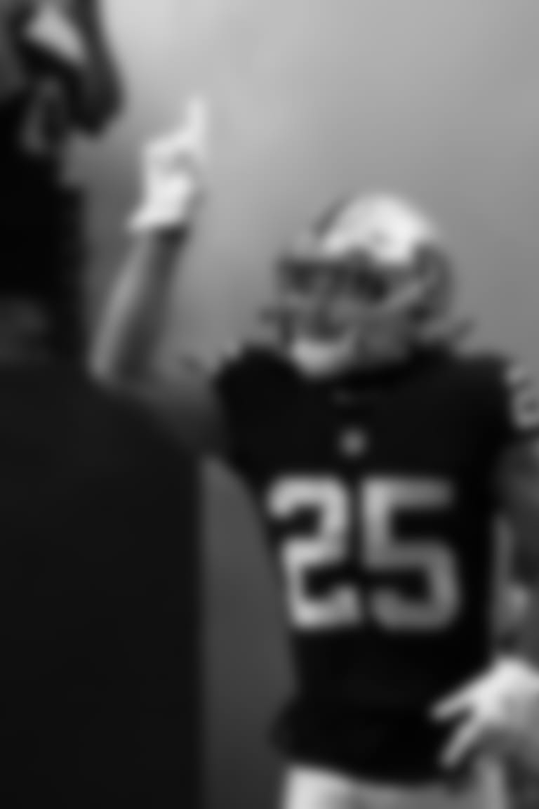 Las Vegas Raiders safety Tre'von Moehrig (25) is introduced onto the field before the preseason home game against the Seattle Seahawks at Allegiant Stadium, Saturday, August 14, 2021, in Las Vegas, Nev. The Las Vegas Raiders won 20-7.