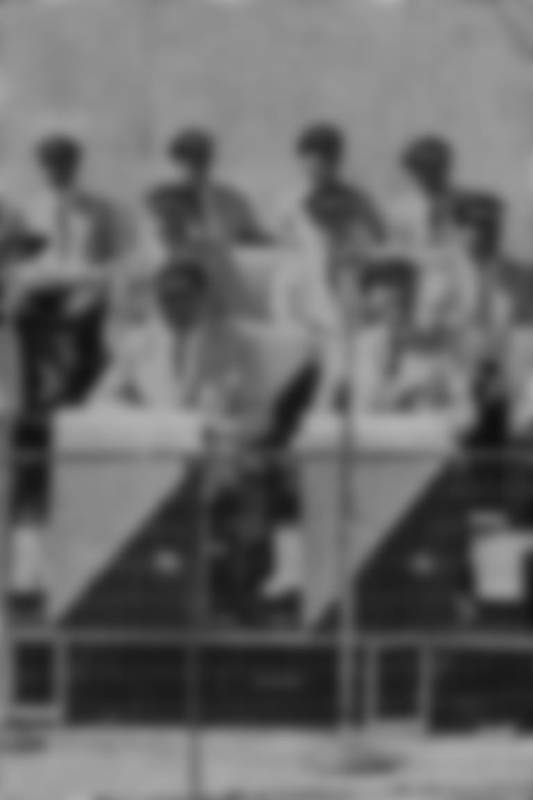 The Raiders Band, directed by Del Courtney, pose for a photo during a Raiders home game.