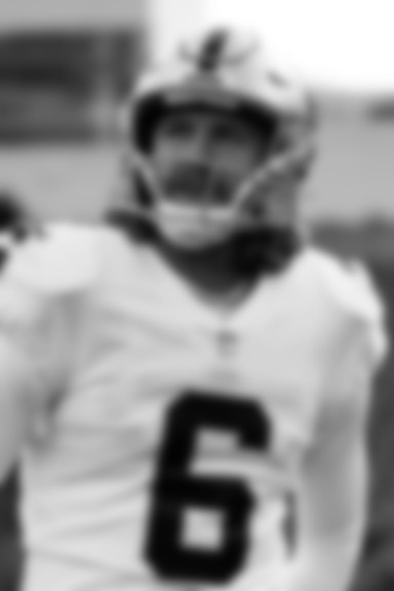 Las Vegas Raiders punter AJ Cole (6) warming up before the postseason away game against the Cincinnati Bengals at Paul Brown Stadium, Saturday, January 15, 2022, in Cincinnati, Ohio.