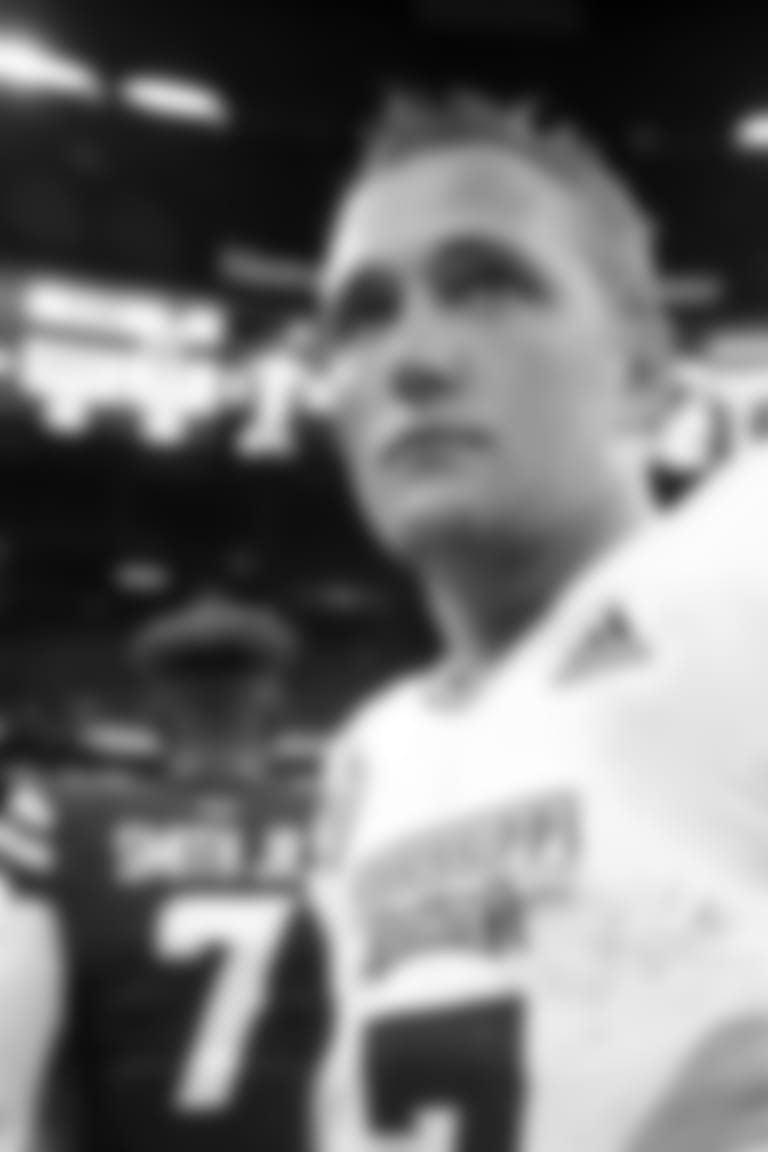 Mississippi State quarterback Tommy Stevens (7) at the end of their NCAA college football game against the Louisiana-Lafayette in New Orleans, Saturday, Aug. 31, 2019. Mississippi State won, 38-28. (AP Photo/Chuck Cook)