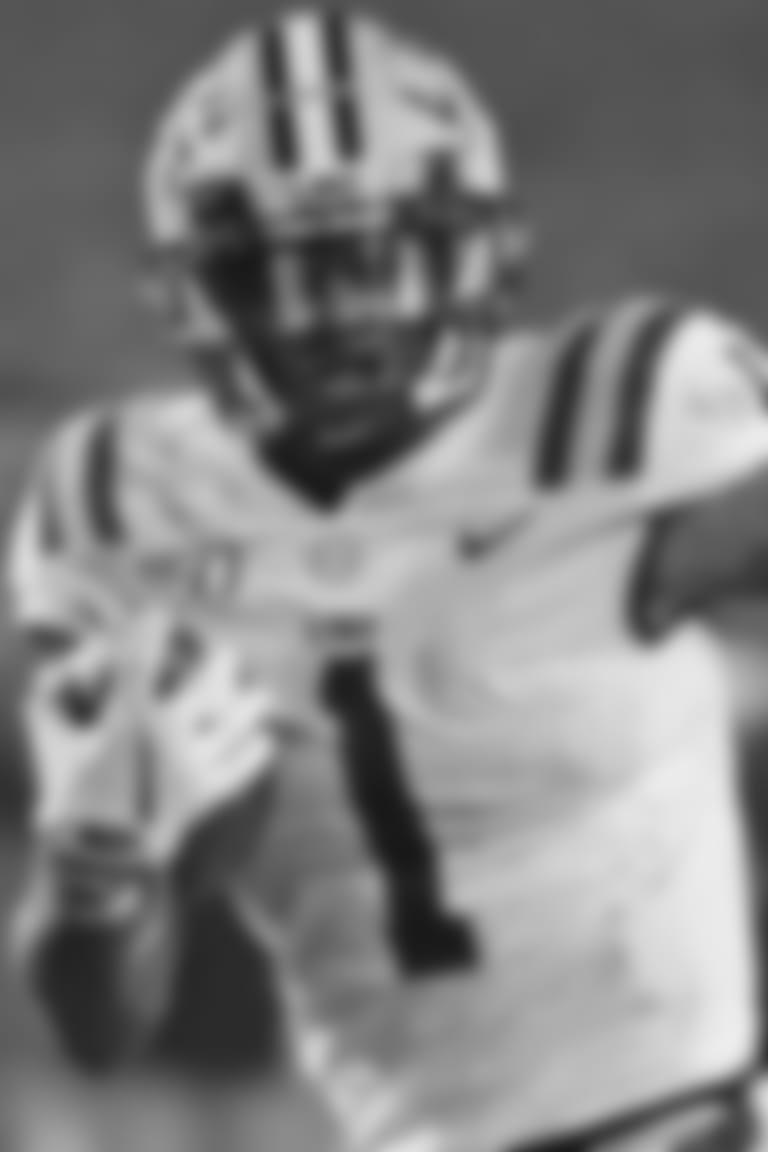 LSU wide receiver Ja'Marr Chase (1) carries the ball during the second half of an NCAA college football game against Mississippi in Oxford, Miss., Saturday, Nov. 16, 2019. No. 1 LSU won 58-37. (AP Photo/Thomas Graning)