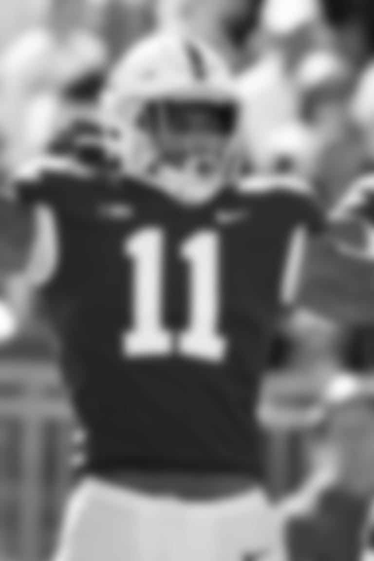 Penn State linebacker Micah Parsons (11) and defensive end Shaka Toney (18) celebrate a sack of Purdue quarterback Jack Plummer (13) in the second half of an NCAA college football game against Purdue in State College, Pa., on Saturday, Oct. 5, 2019. Penn State defeated Purdue 35-7. (AP Photo/Barry Reeger)