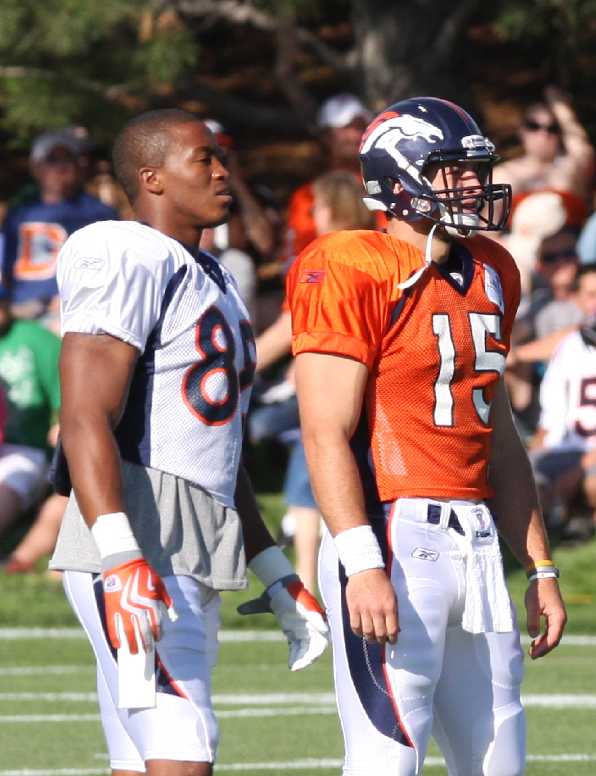 Demaryius Thomas and Tim Tebow at practice