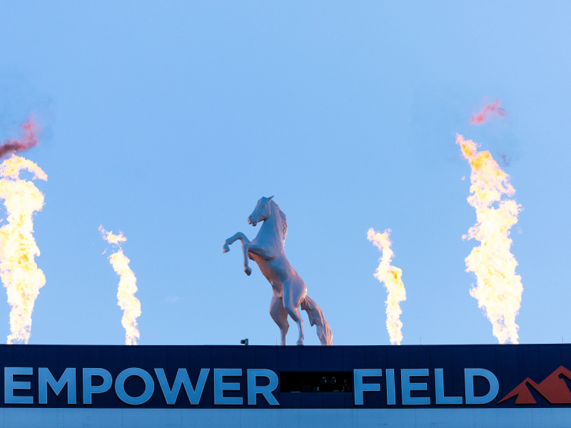 Bucky, the bucking bronco atop the Empower Field at Mile High scoreboard