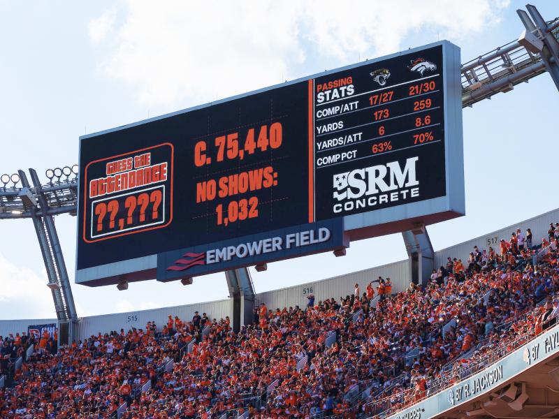 The no-show announcement on the Empower Field at Mile High scoreboard