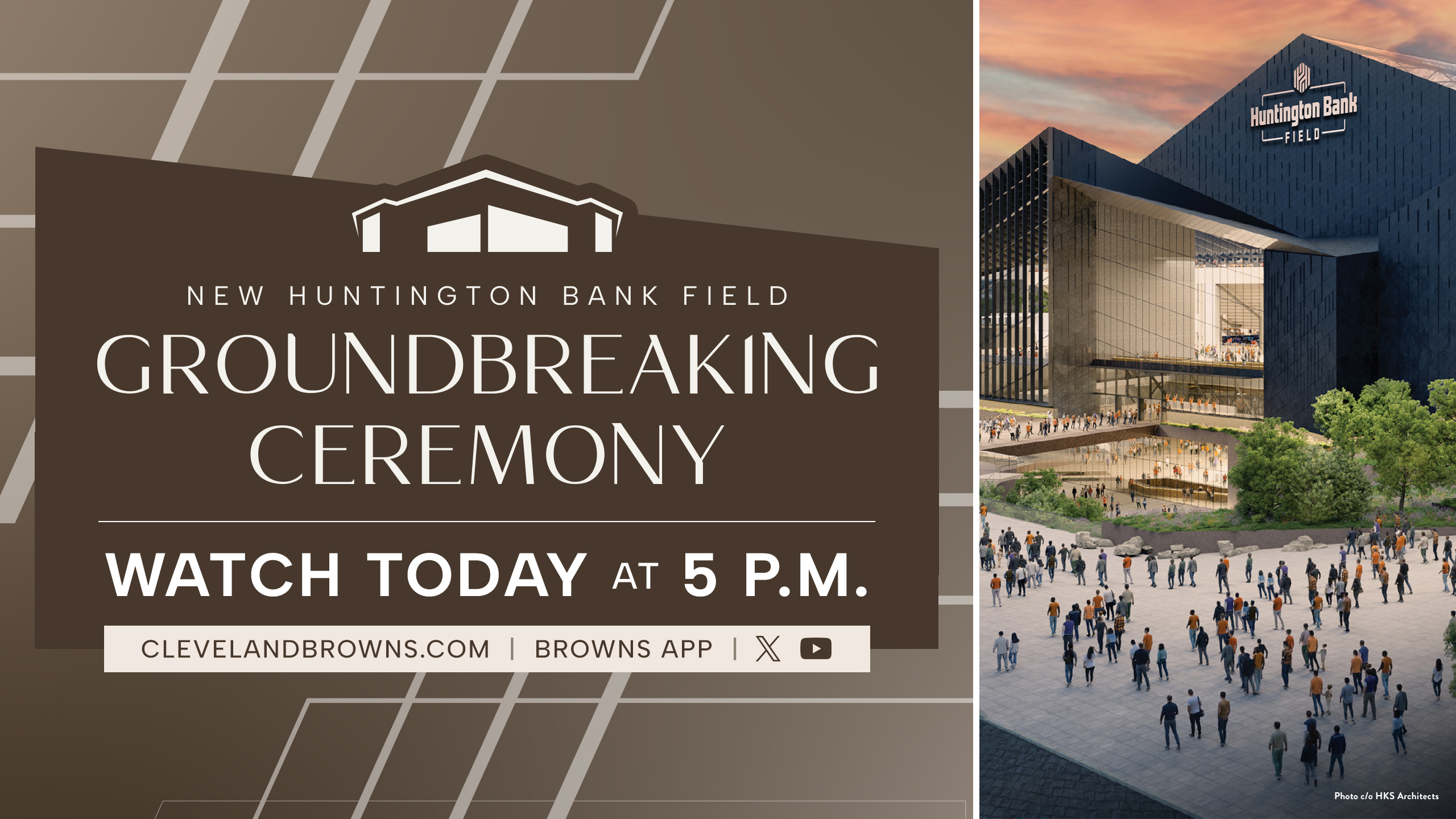 A Cleveland Browns promotional graphic announced the April 30 ceremony for the new Huntington Bank Field project.