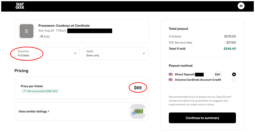 SeatGeek ticket resale screen showing ticket quantity and listing price options