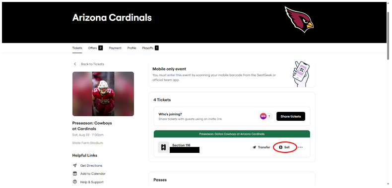 Cardinals Account Manager game details with the Sell option