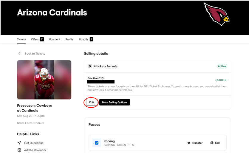 SeatGeek ticket listing with the Edit option highlighted