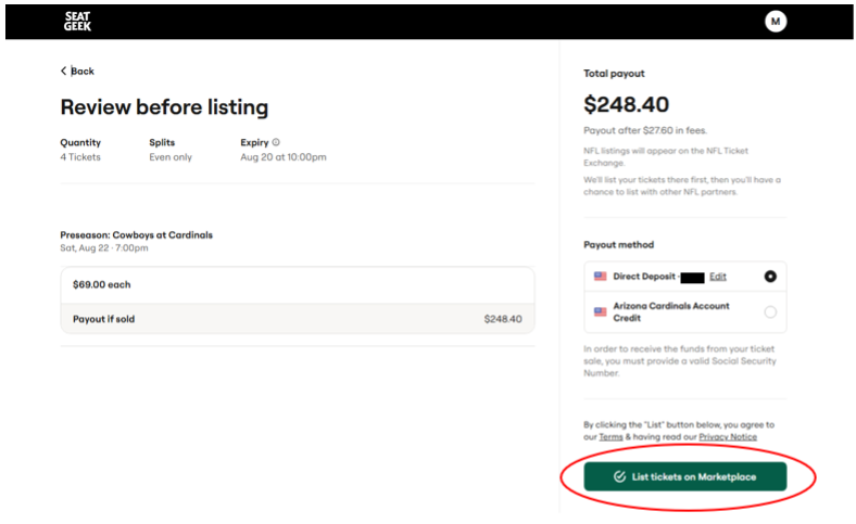 SeatGeek resale listing summary with the List Tickets on Marketplace button