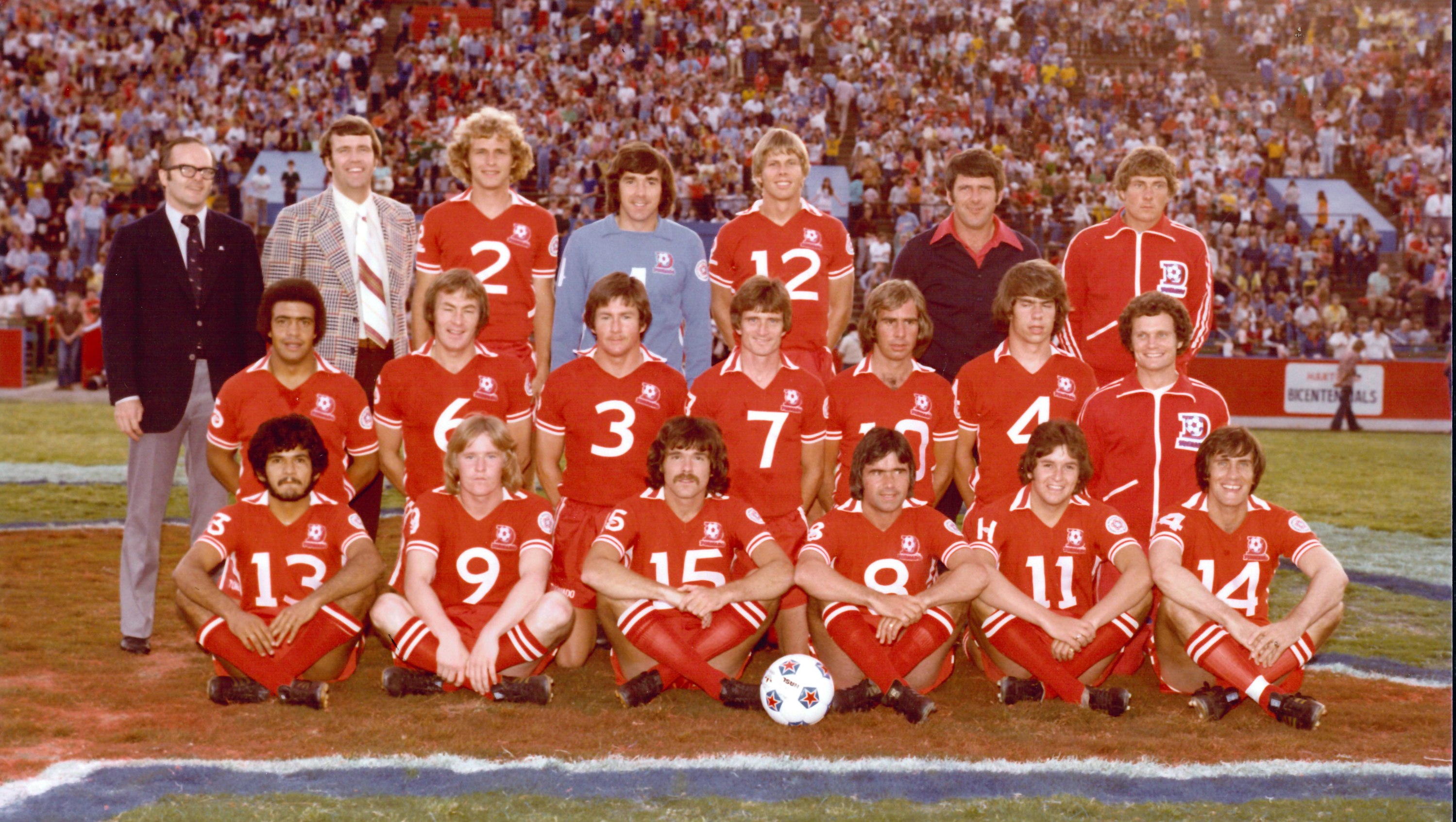 The Dallas Tornado pose for a team photo in 1976
