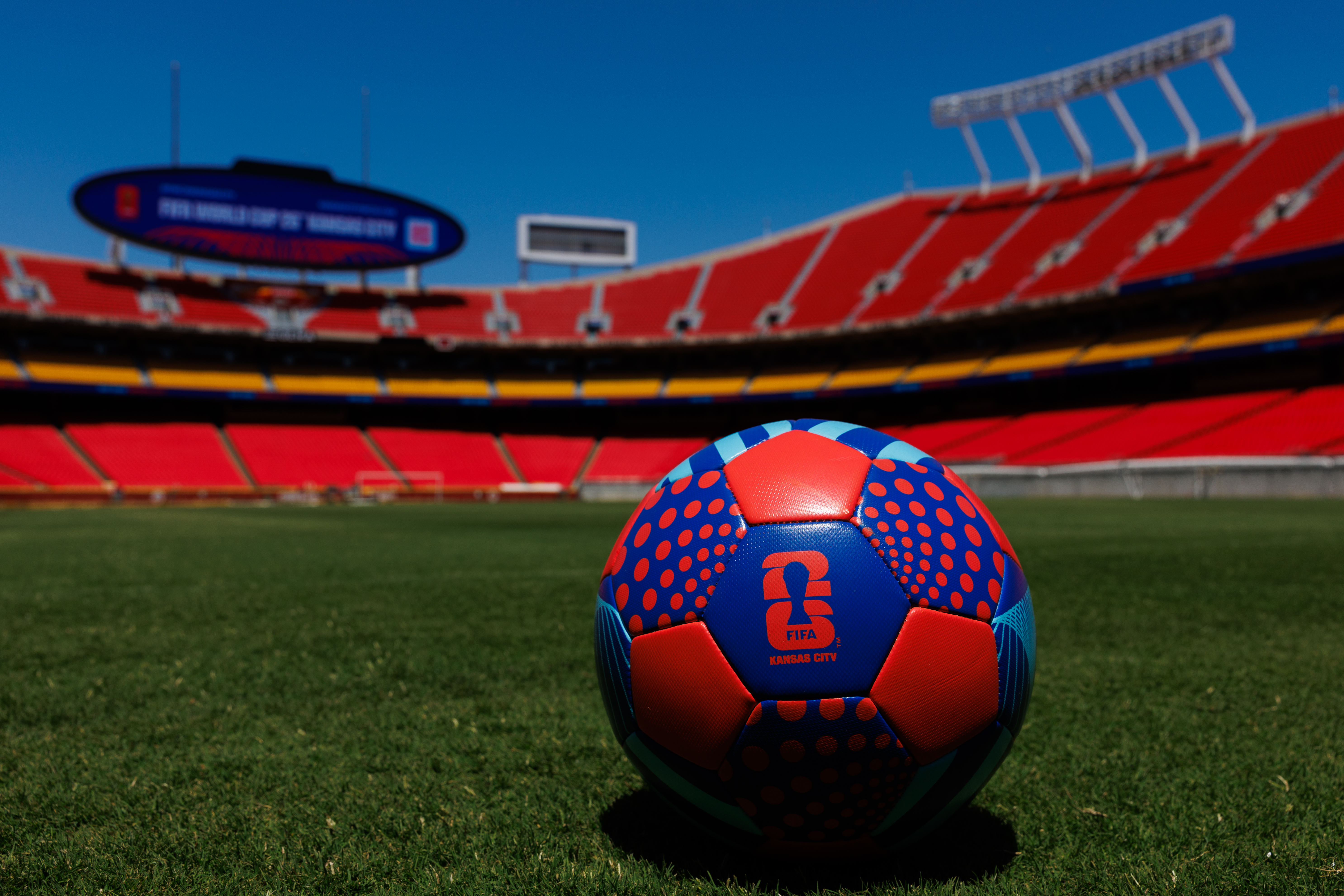 A FIFA World Cup 26 soccer ball is pictured on the field in Kansas City