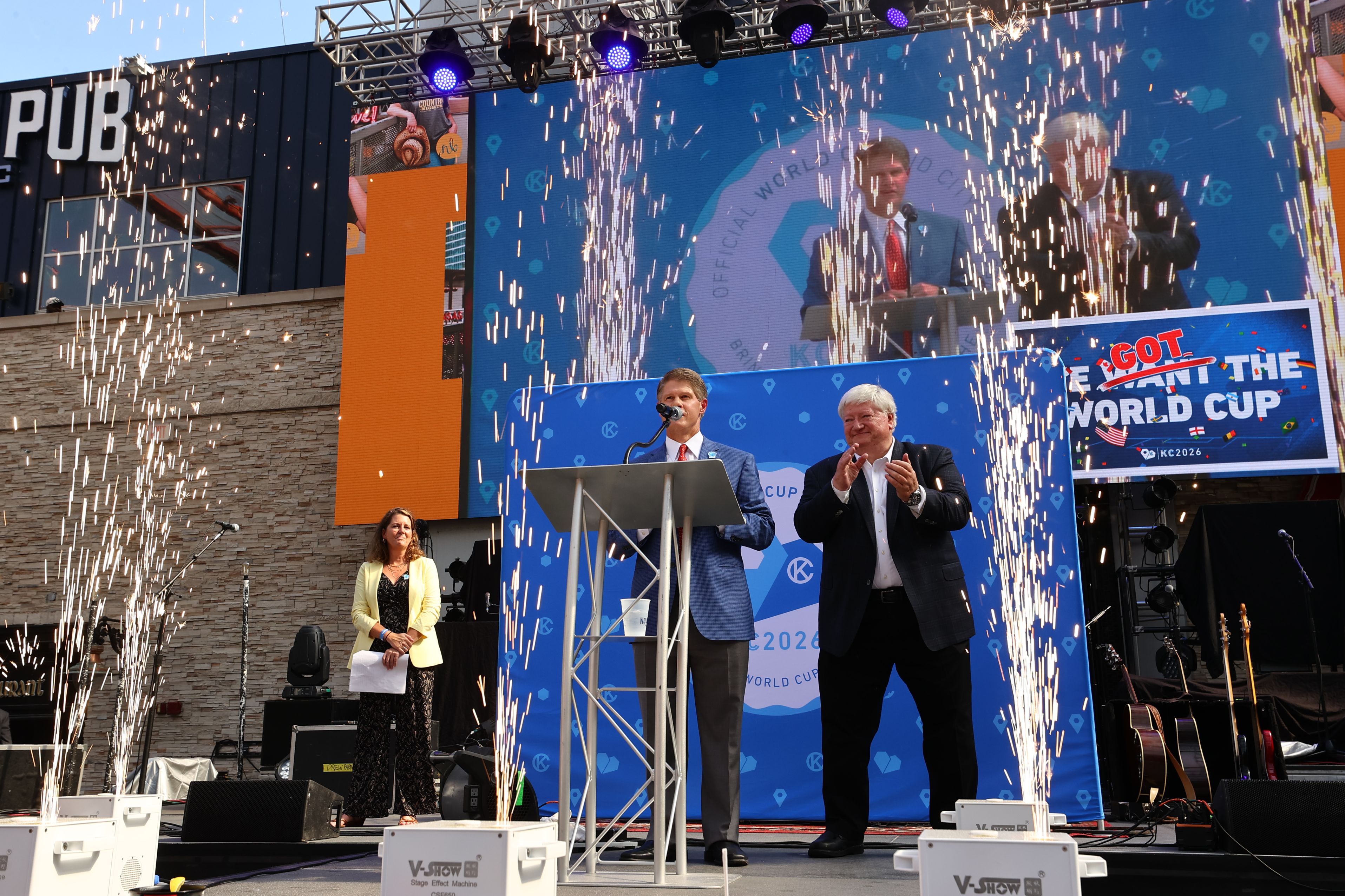 Clark Hunt speaks at a celebration after Kansas City was officially named a FIFA World Cup 2026 host city