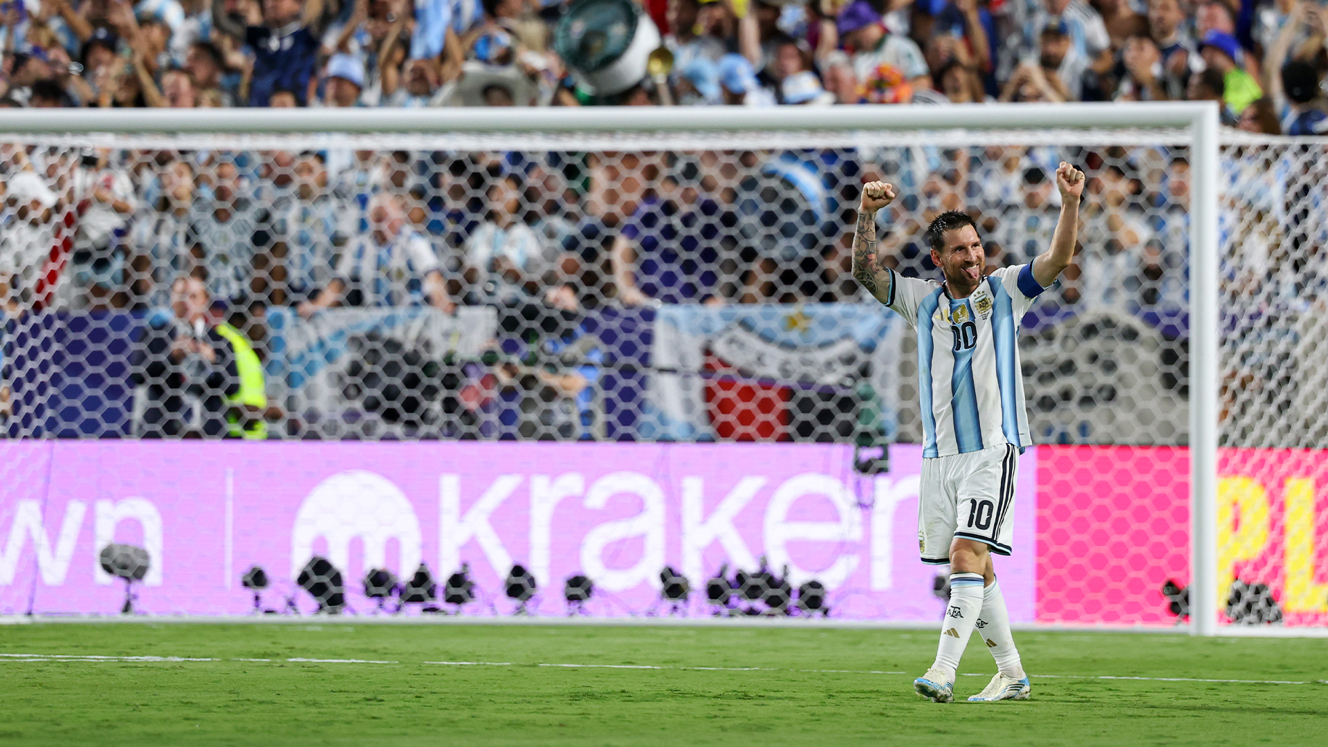 Lionel Messi celebrates after scoring a goal