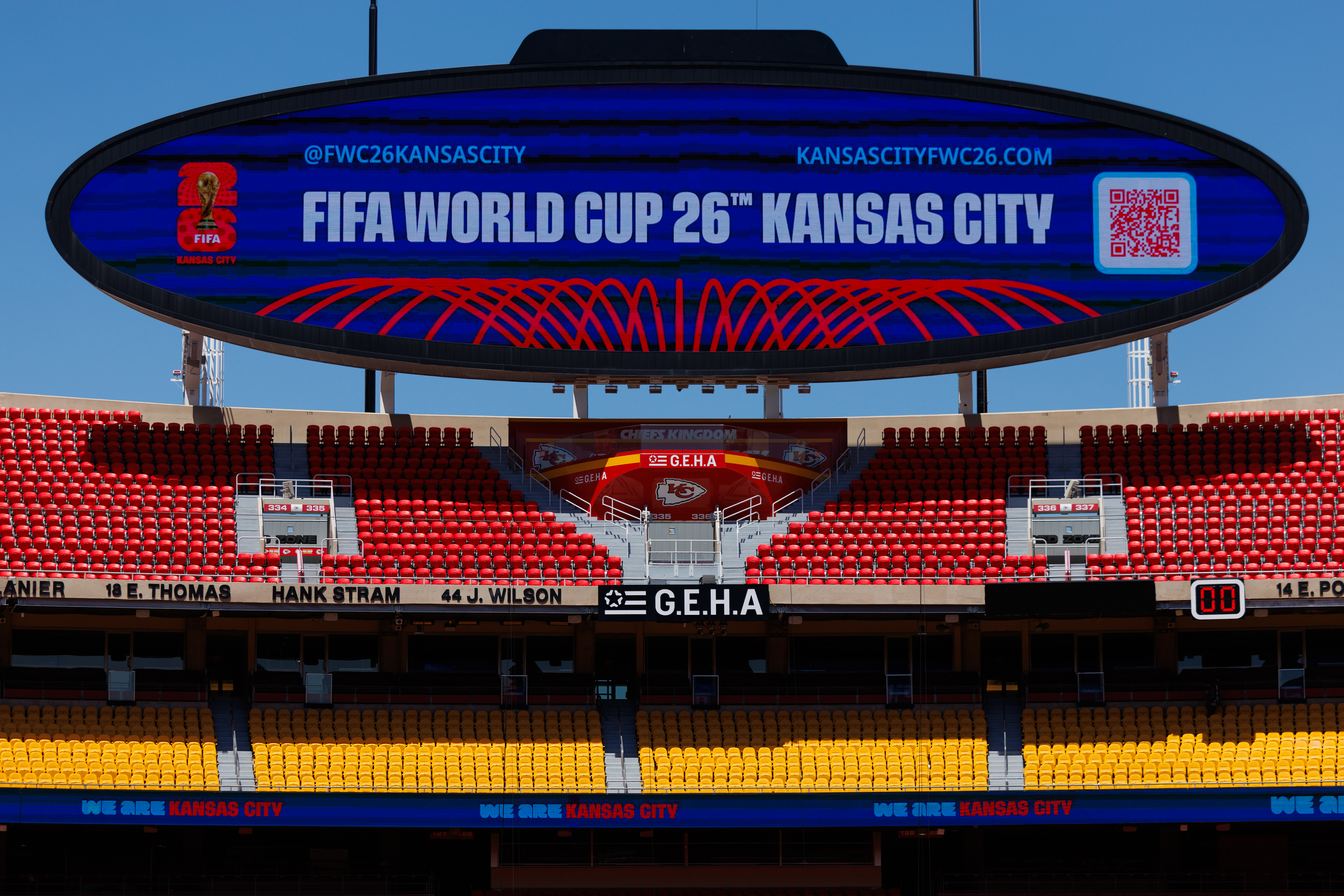 A FIFA World Cup 26 Kansas City graphic displayed on the video board in Kansas City