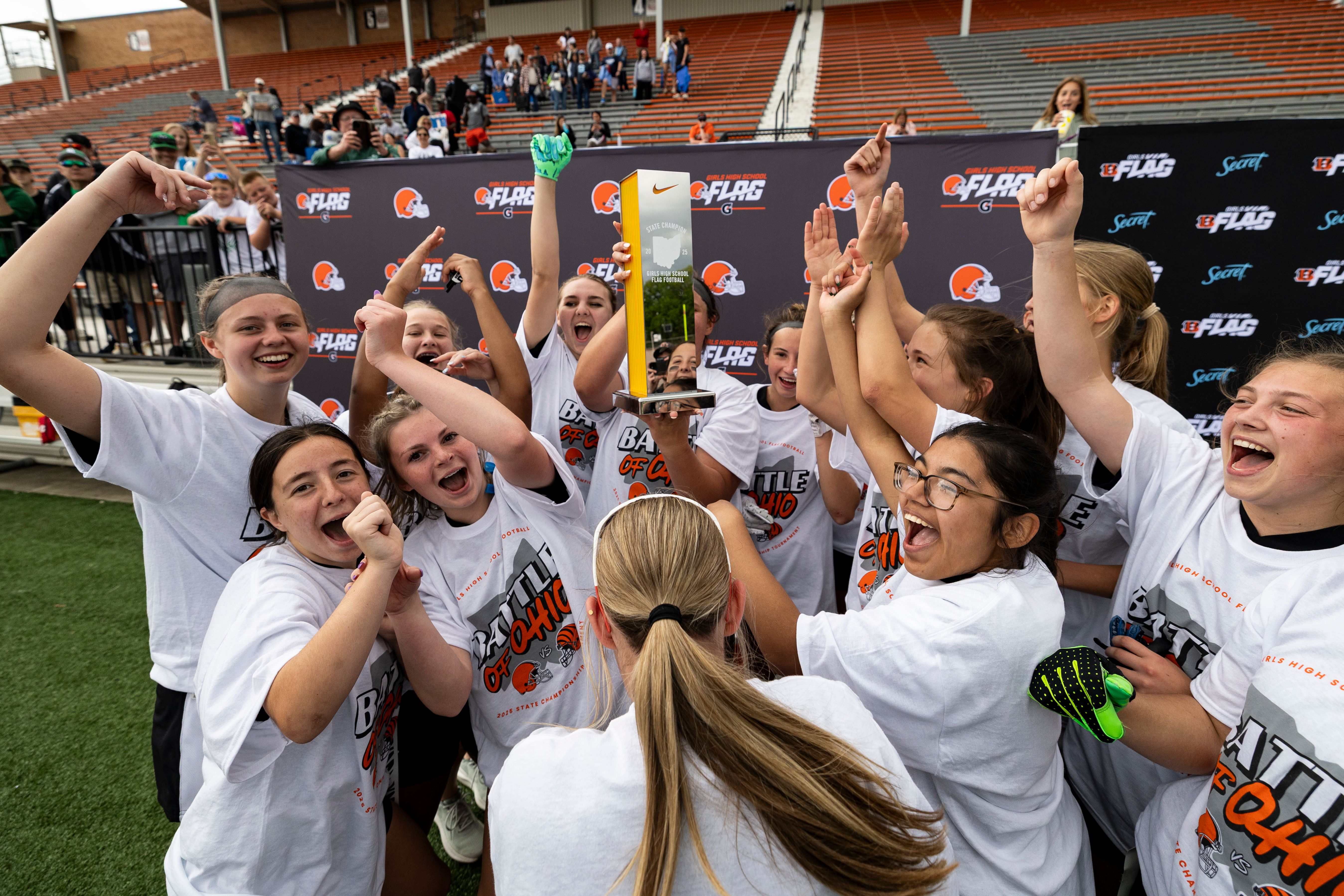 The Badin Rams celebrate after winning the 2025 Ohio Girls Flag Football State Championship on Sunday, May 18, 2025 in Massillon, Ohio. (Lauren Leigh Bacho/AP Content Services for the NFL)