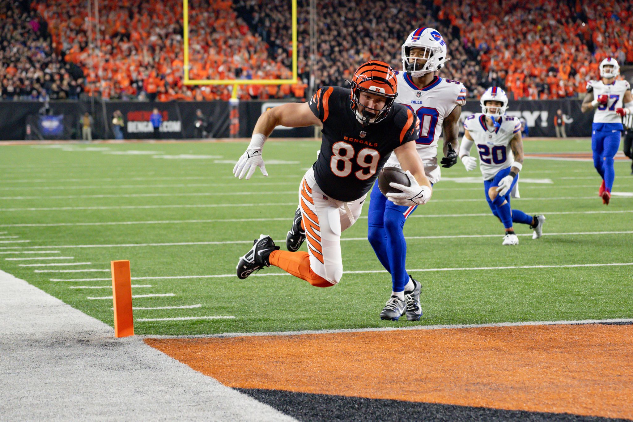 TE Drew Sample scores a touchdown during Sunday Night Football against the Buffalo Bills at Paycor Stadium in Week 9 of the 2023 season.