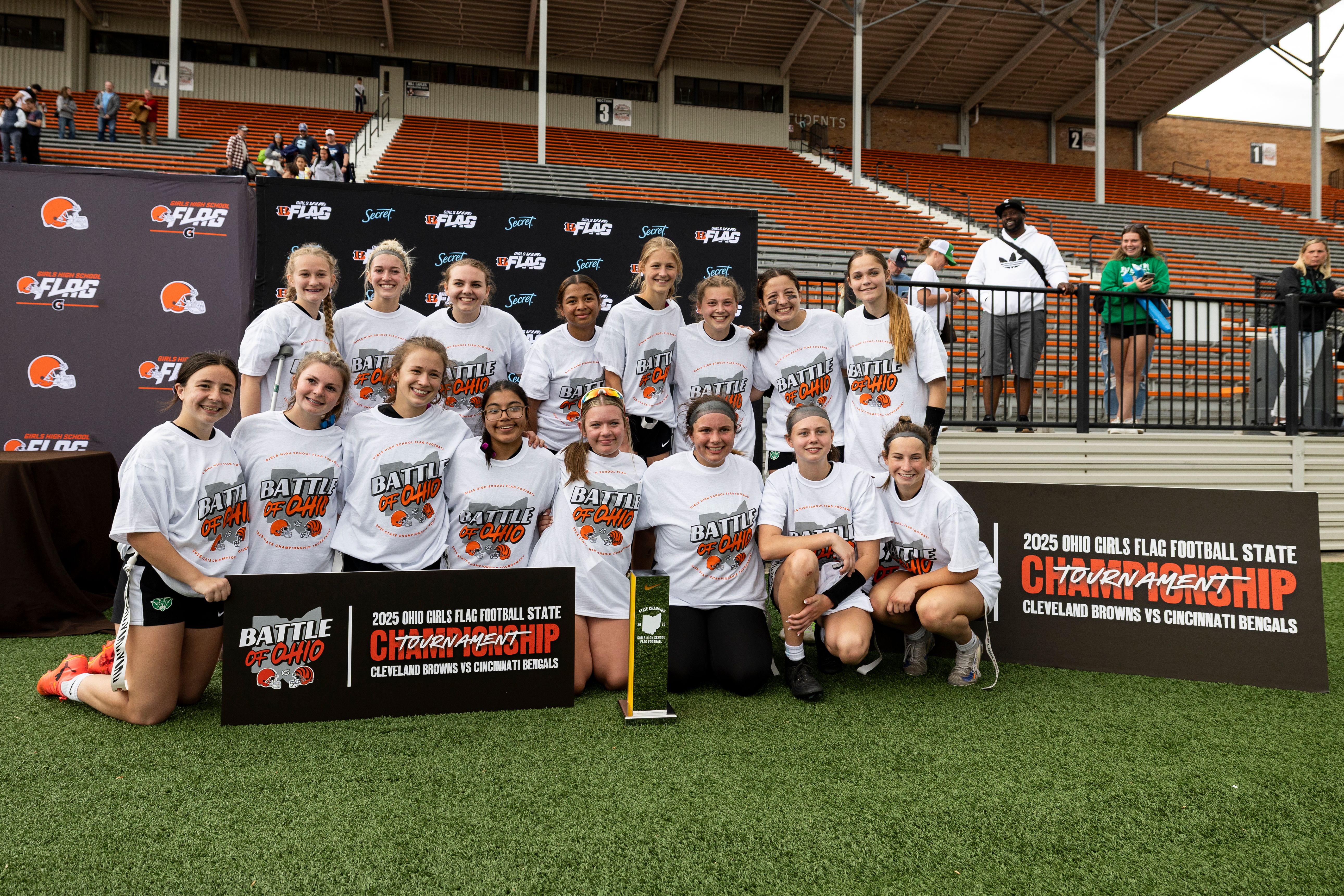 The Badin Rams pose for a photo after winning the 2025 Ohio Girls Flag Football State Championship on Sunday, May 18, 2025 in Massillon, Ohio. (Lauren Leigh Bacho/AP Content Services for the NFL)