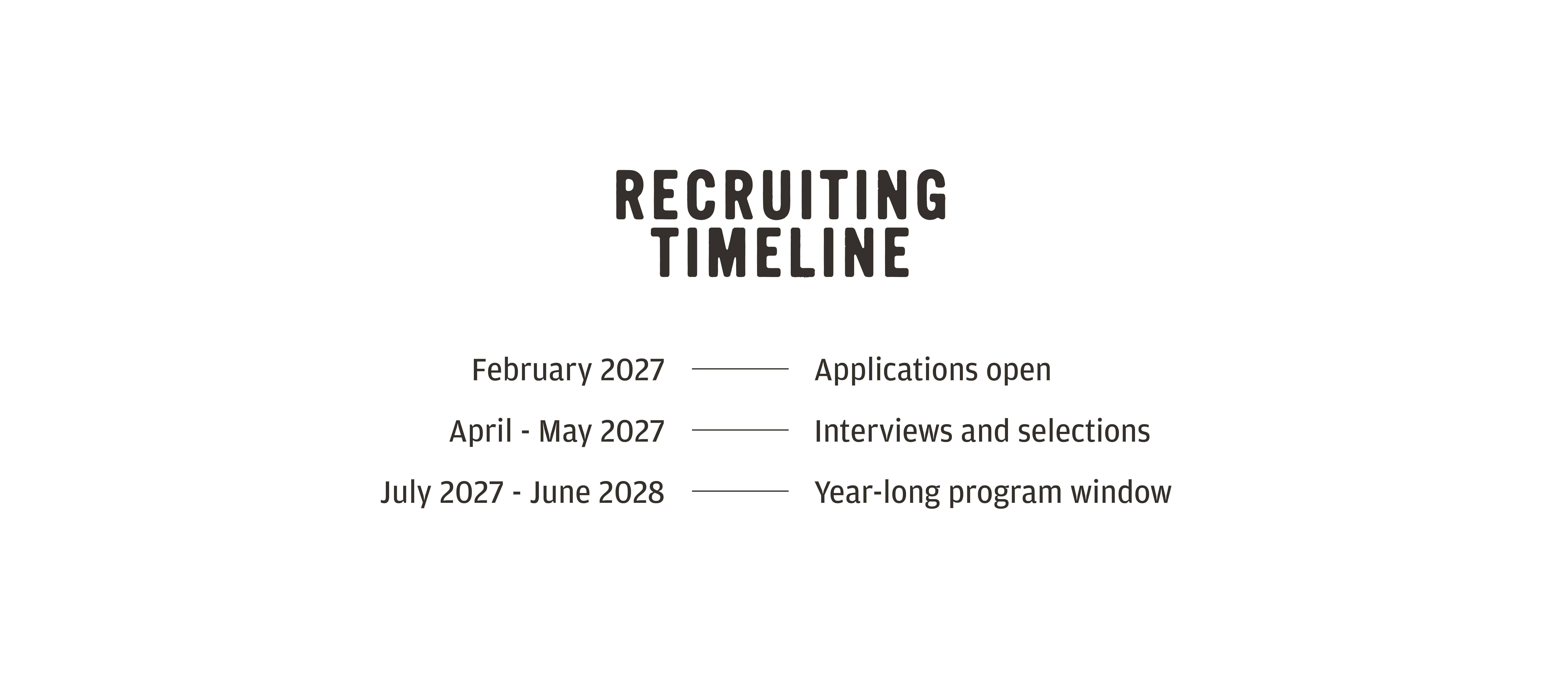 2026 Recruiting Timeline. February 2026 - Application Open, April - May 2026, Interviews. July 2026 - June 2027, Program Term.