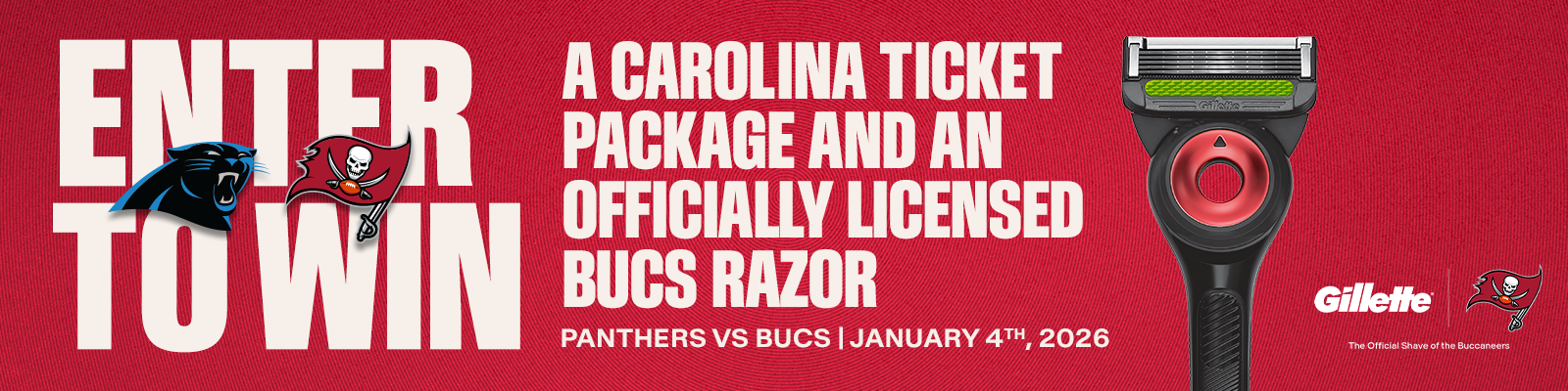 Enter to Win - a Carolina ticket package and an officially licensed Bucs razor - Panthers vs. Bucs Jan 4, 2026