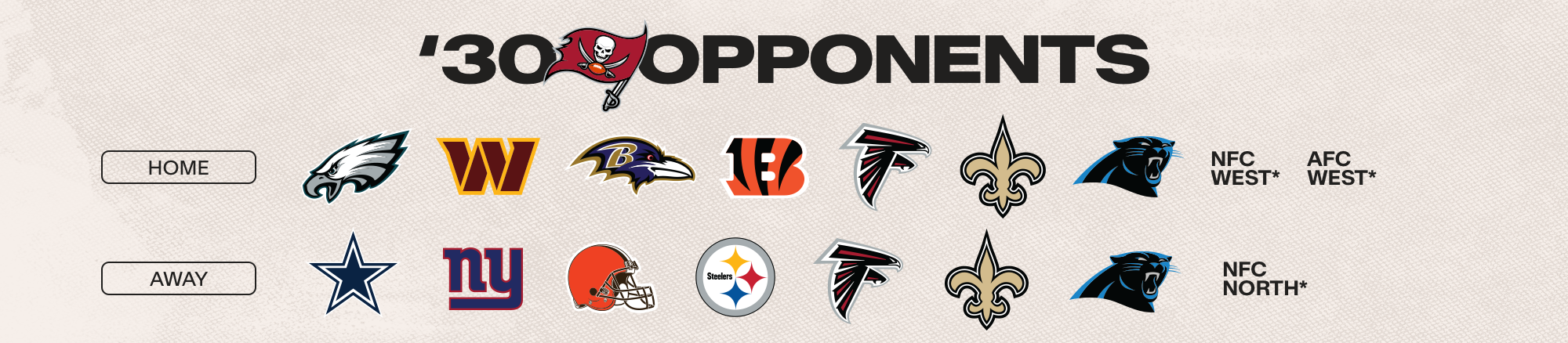 3030 Opponents: Home: PHI, WAS, BAL, CIN, ATL, NO, CAR, NFC West* & AFC West* Away: DAL, NYG, CLE, PIT, ATL, NO, CAR, NFC North*