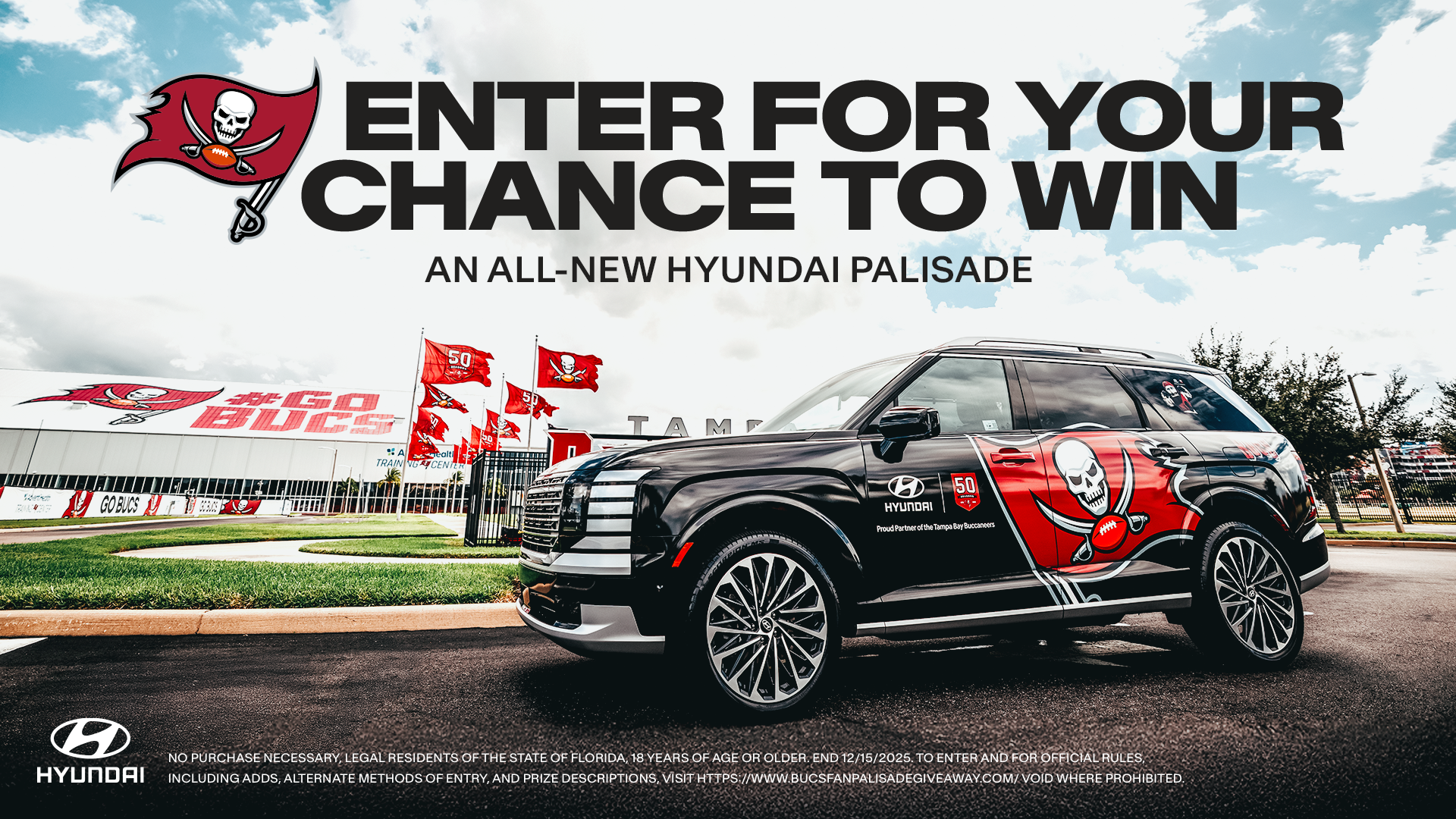 Enter for your chance to win. An all-new Hyundia Pisad. No Purch. Nec. Residents of the state of Flor, 18 years of age or older, end `12/2/2025To Enter and for official rules including adds, alternate methods of entry, and prize descriptions visit https://w.bucsfanpalisadegiveaway.com/void where prohibited