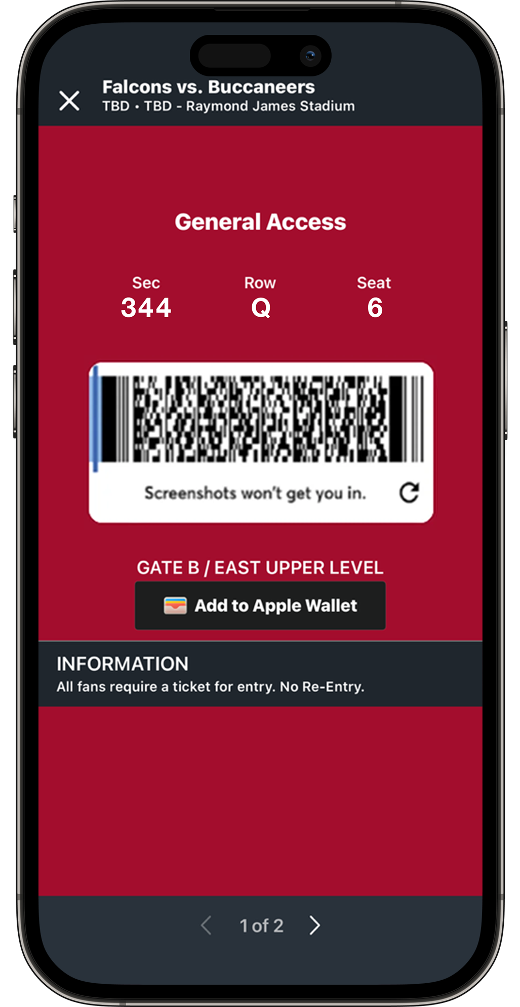 Barcodes will be live 48 hours prior to kickoff. You will see a blue line moving back and forth on the barcode. This indicates you have a "live" ticket. Screenshots will not be valid for entry. Swipe to have each ticket on your account scanned.