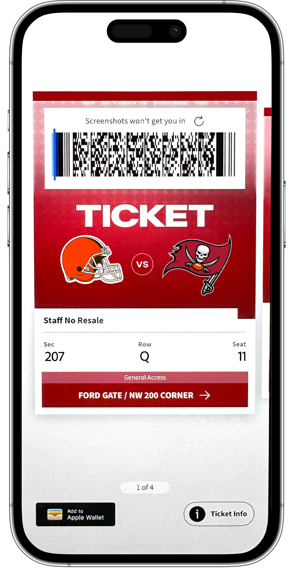 Barcodes will be live 48 hours prior to kickoff. You will see a blue line moving back and forth on the barcode. This indicates you have a "live" ticket. Screenshots will not be valid for entry. Swipe to have each ticket on your account scanned.