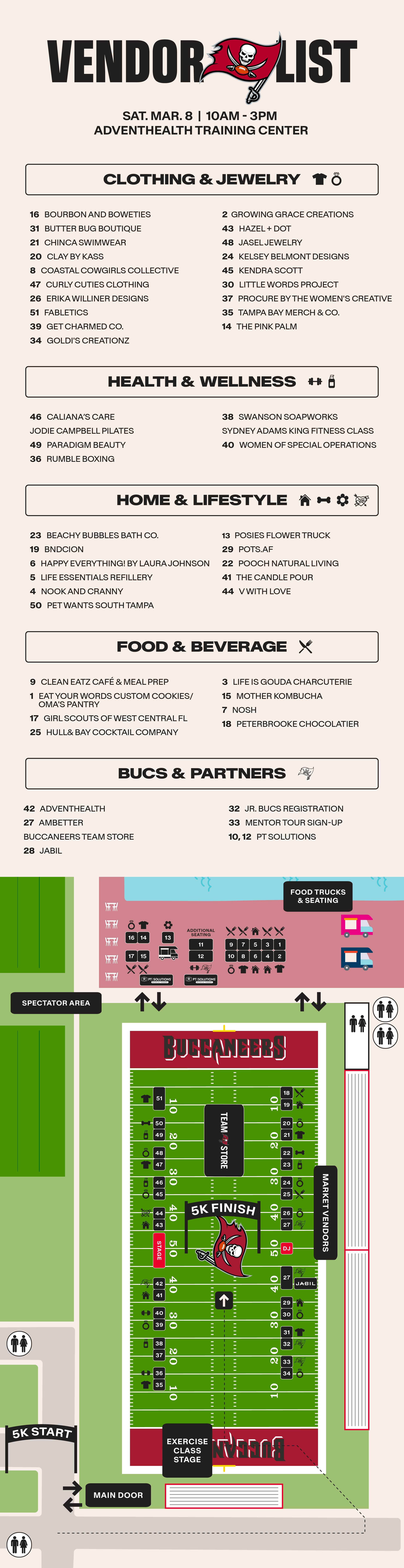 Market Vendors   Bake'n Babes   Beachy Bubbles Bath Co   Bevel Up   Blissologie   BNDCION   Bourbon and Boweties   Butter Bug Boutique   Cali's Baby Oil   Central Cycling   Chinca   Clay by Kass   Coastal Cowgirls Collective   Coton Colors Company   Curly Cuties Clothing   Eat Your Words Custom Cookies   Fabletics   Get Charmed Co.   Girl Scouts of West Central FL   Growing Grace Creations   Hazel + Dot   Hull and Bay Cocktail Company   Kelsey Belmont Designs   Kendra Scott   Lair of the Dragon   Life is Gouda Charcuterie    Little Words Project   MaisonGlo   Mother Kombucha   Nook and Cranny   Paradigm Beauty    Peterbrooke Chocolatier   Pink Palm   Pooch Natural Living   Posies Flower Truck   potsaf   Procure by The Women's Creative   Rumble Boxing   Swanson Soapworks   Tampa Bay Merch & Co   The Candle Pour   V with Love