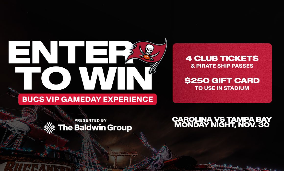 Enter to win 4 Club Tickets, 4 Pirate Ship Passes, and a $250 gift card for the Carolina vs Tampa Game on November 30th.