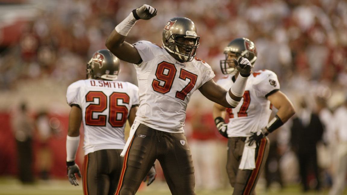 TAMPA, FL - SEPTEMBER 14: Defensive end Simeon Rice #97 of the Tampa Bay Buccaneers is in excitement after the play against the Carolina Panthers at Raymond James Stadium on September 14, 2003 in Tampa, Florida. The Buccaneers lost 9-12 (OT). (Charles Sonnenblick/Tampa Bay Buccaneers) /Tampa Bay Buccaneers)