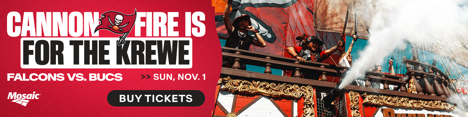 Cannon Fire is for the Krewe, Falcons vs. Bucs, Sun. Nov. 1, Buy Tickets, presented by Novartis
