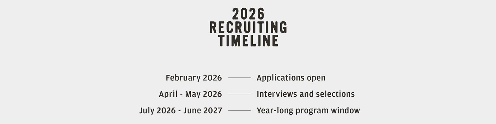 2026 Recruiting Timeline. February 2026 - Application Open, April - May 2026, Interviews. July 2026 - June 2027, Program Term.